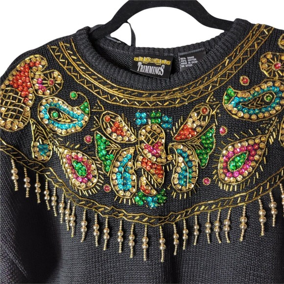 Vtg‎ 80s Trimmings Black Ramie Sweater with Gold Sequin Embellished Glam Medium - Picture 5 of 8